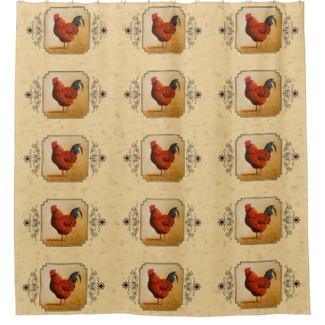 Rhode Island Red Rooster Yellow Background Shower Curtain (Front)