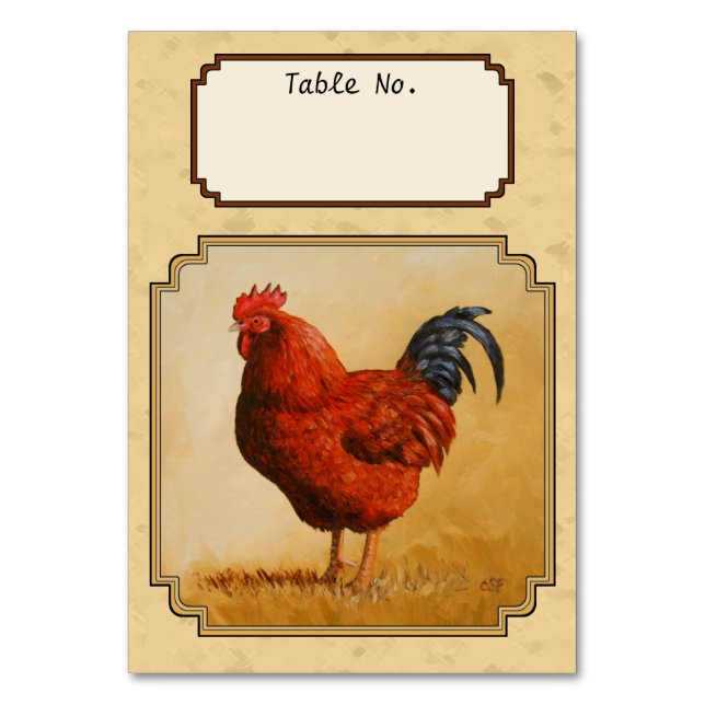 Rhode Island Red Rooster Yellow Background Table Number (Front)
