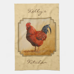 Rhode Island Red Rooster Yellow Background Towel