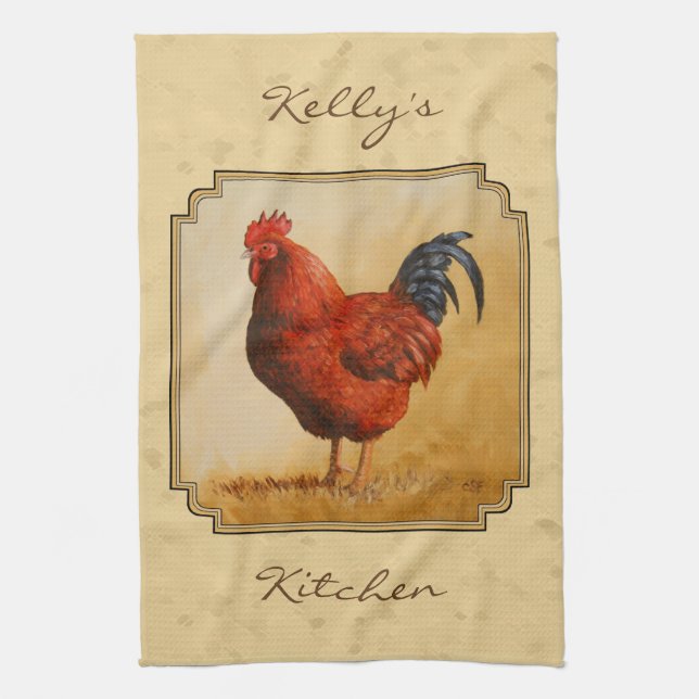Rhode Island Red Rooster Yellow Background Towel (Vertical)