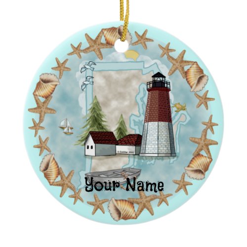 Rhode Island Shell Lighthouse custom name Ornament