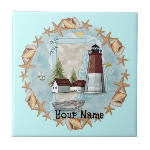 Rhode Island Shells Lighthouse custom name Tile
