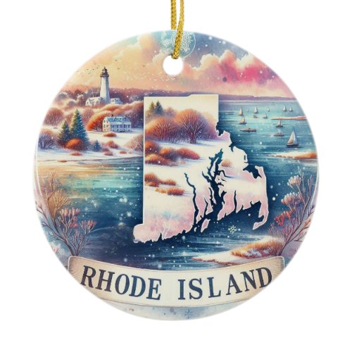 Rhode Island Snowy Winter Christmas Tree Ceramic Ornament
