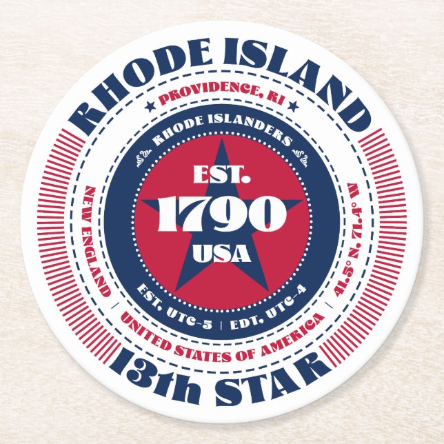 Rhode Island State Red White Blue Round Paper Coaster (Front)
