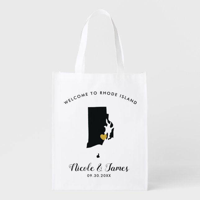 Rhode Island Wedding Welcome Bag, Black and Gold Grocery Bag (Front)