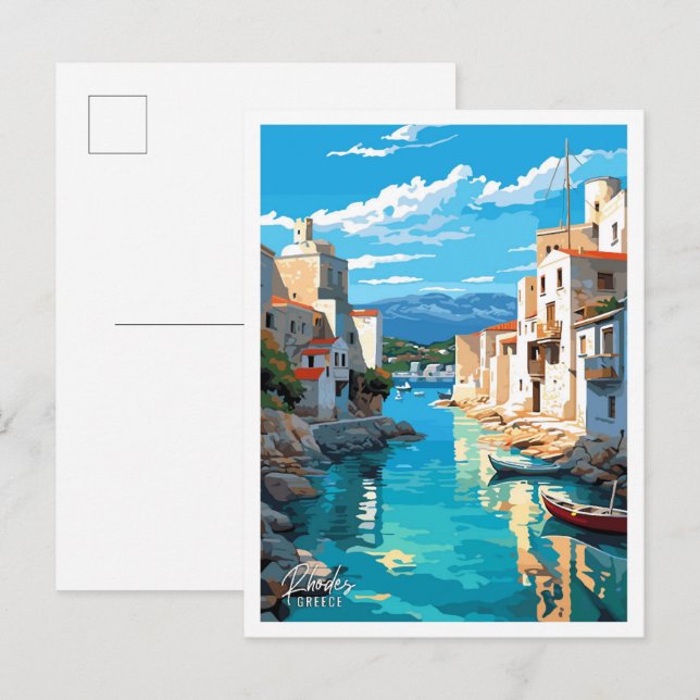 Rhodes Greece Art Vintage Travel Illustration Postcard (Front/Back)