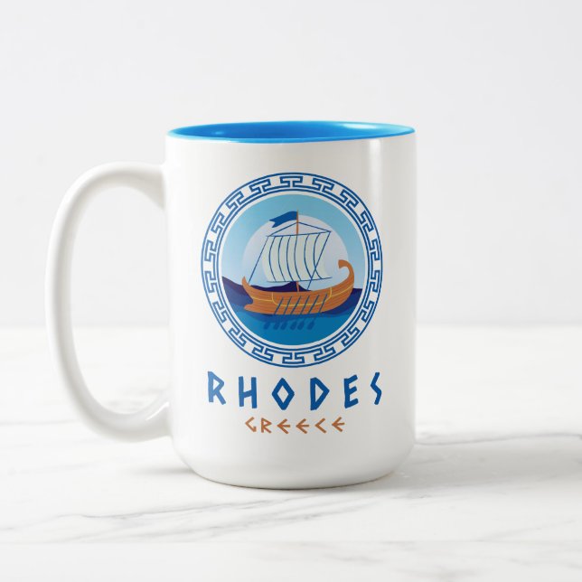 Rhodes, Greece Greek Ship Design Two-Tone Coffee Mug (Left)