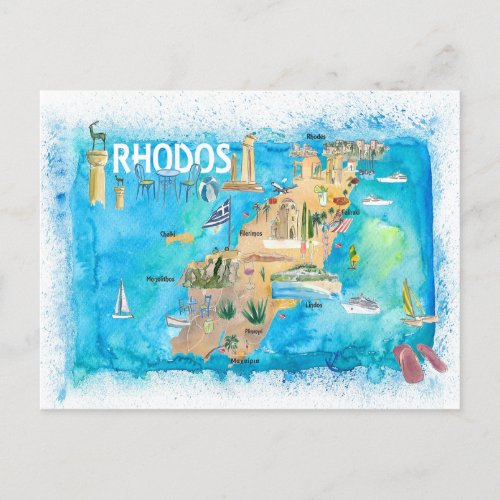 Rhodes Greece Illustrated Map with Landmarks Postcard
