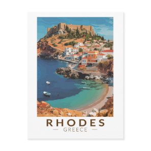 Rhodes Greece Illustration Travel Art Vintage Postcard