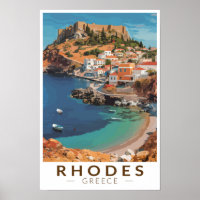 Rhodes Greece Illustration Travel Art Vintage