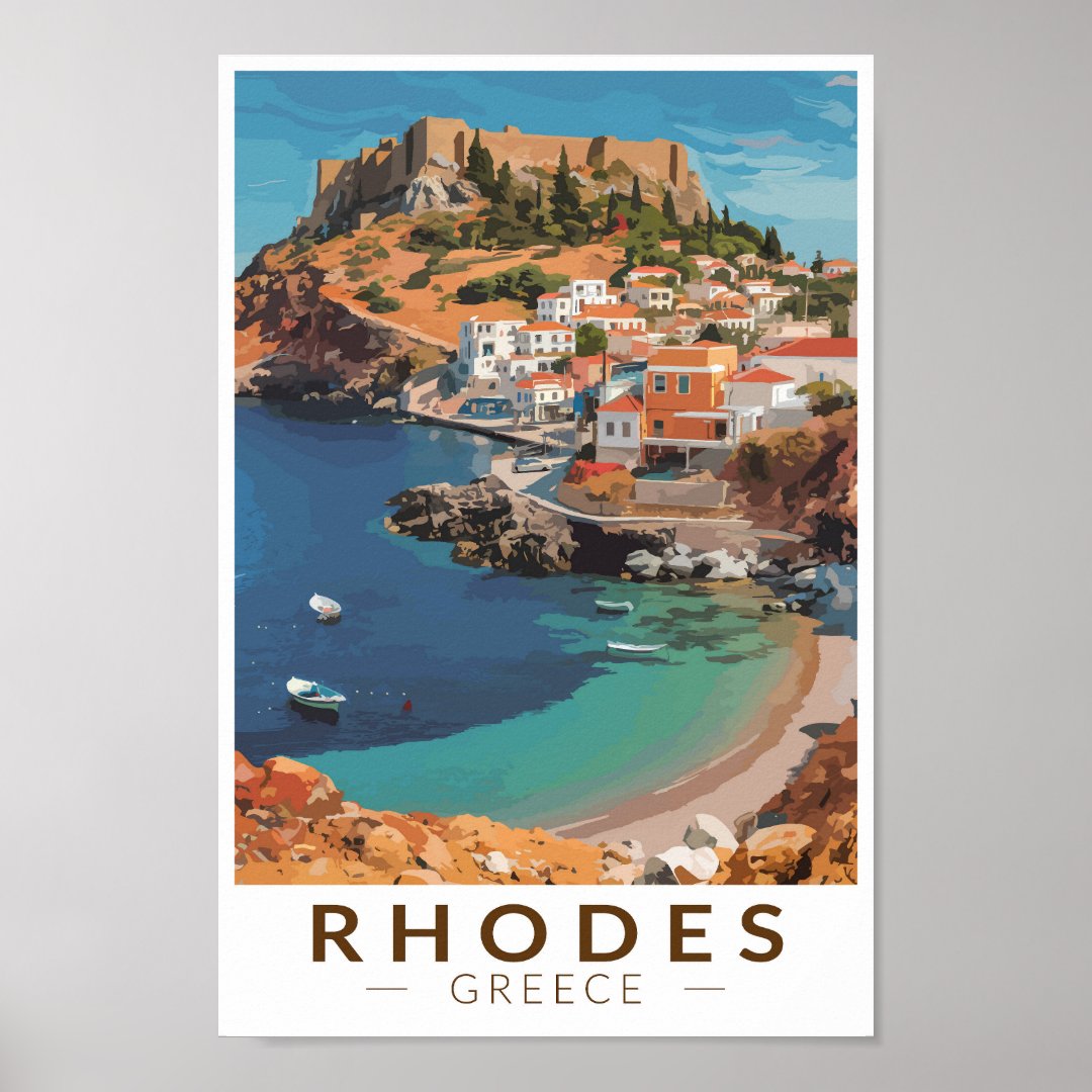 Rhodes Greece Illustration Travel Art Vintage                    Poster