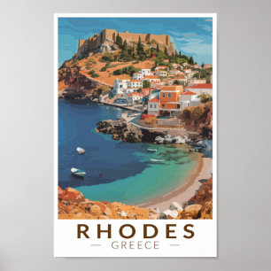 Rhodes Greece Illustration Travel Art Vintage Poster