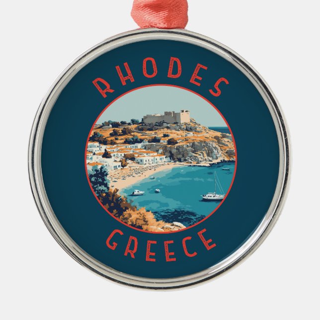 Rhodes Greece Retro Distressed Circle Metal Ornament (Front)