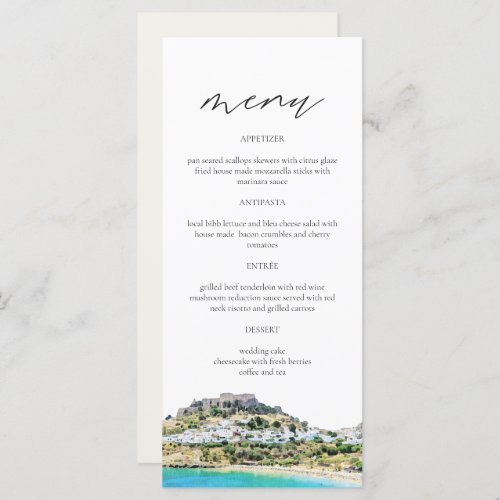 RHODES Greece Skyline Watercolor Wedding Menu Card