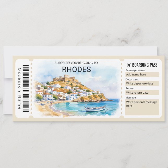 Rhodes Trip Boarding Pass Ticket Invitation (Front)
