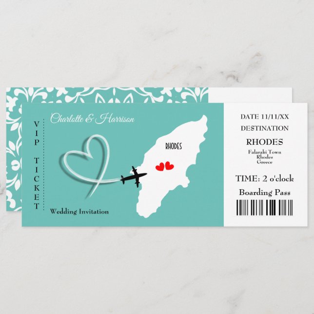 Rhodes Wedding Destination Ticket Boarding Pass In Invitation (Front/Back)