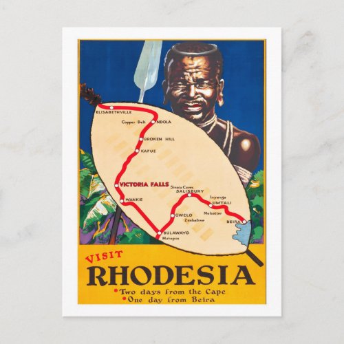 Rhodesia traditional warrior with map on shield postcard