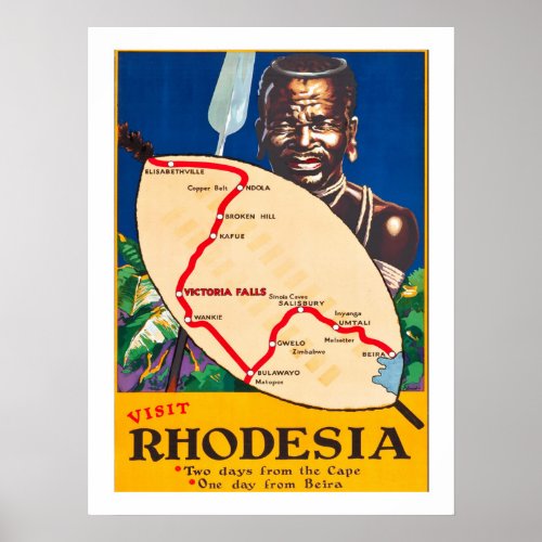 Rhodesia traditional warrior with map on shield poster