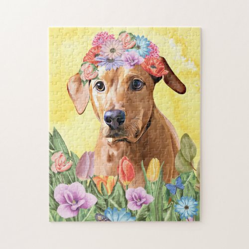 Rhodesian Rdgeback Dog with Flowers Spring Jigsaw Puzzle