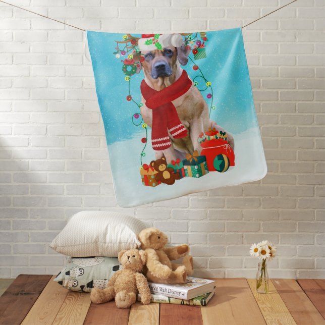 Rhodesian Rdgeback in snow with Christmas gifts Baby Blanket (In Situ)