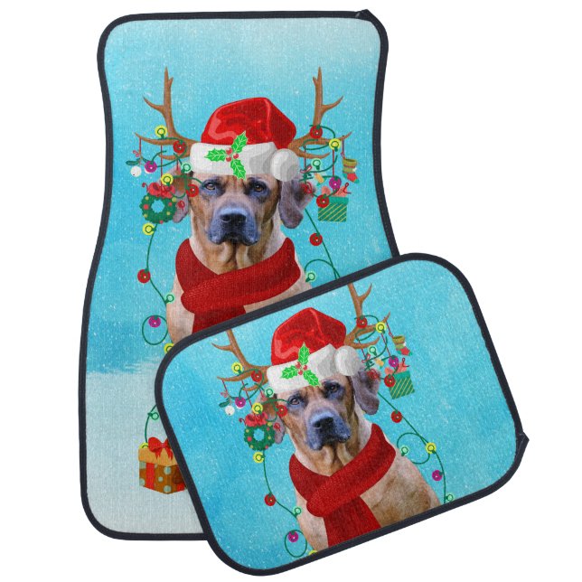 Rhodesian Rdgeback in snow with Christmas gifts  Car Floor Mat (Set)