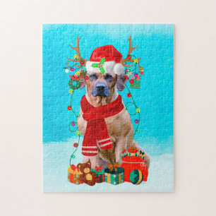 Rhodesian Rdgeback in snow with Christmas gifts Jigsaw Puzzle