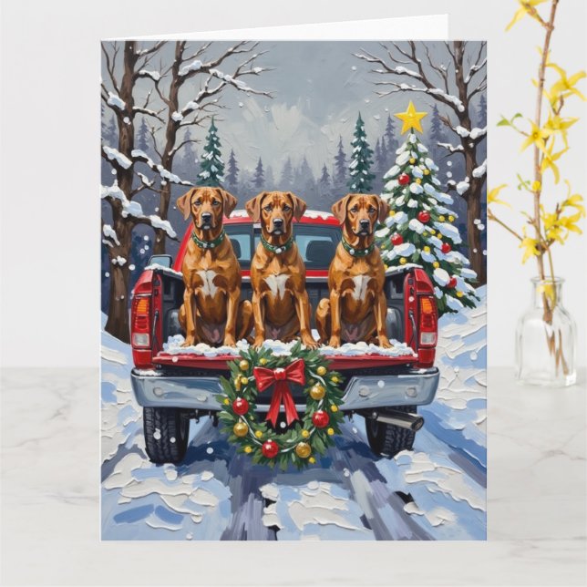 Rhodesian Ridgeback Christmas Red Truck Holiday Card (Yellow Flower)