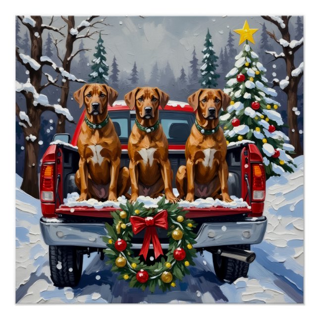 Rhodesian Ridgeback Christmas Red Truck Holiday Poster (Front)
