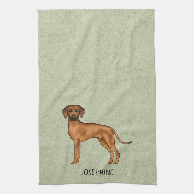 Rhodesian Ridgeback Cute Brown Dog With Name Green Kitchen Towel (Vertical)