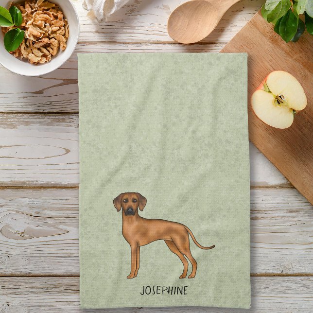 Rhodesian Ridgeback Cute Brown Dog With Name Green Kitchen Towel (Please note: This image is a digital mockup. The product may not be in scale.)
