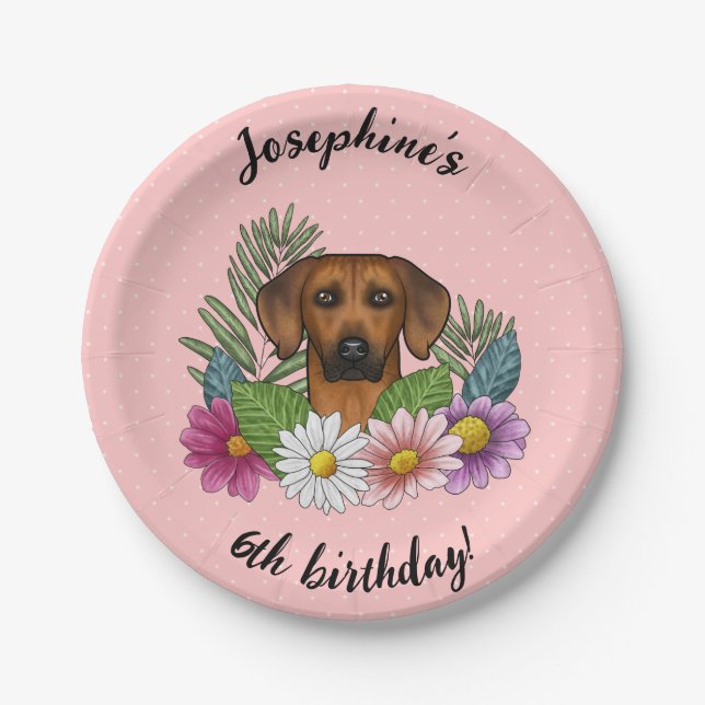 Rhodesian Ridgeback Dog And Flowers Birthday Party Paper Plates (Front)