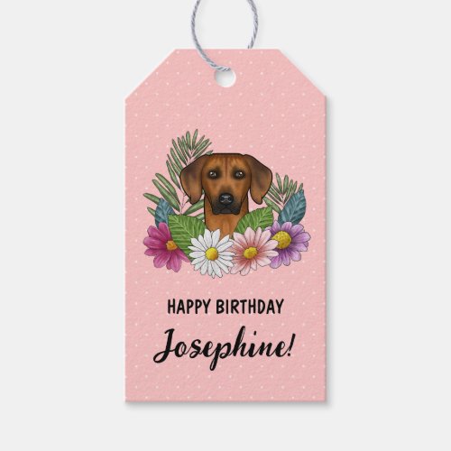 Rhodesian Ridgeback Dog And Flowers Birthday Pink Gift Tags