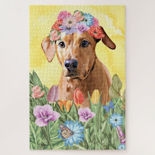 Rhodesian Ridgeback Dog Flowers Jigsaw Puzzle