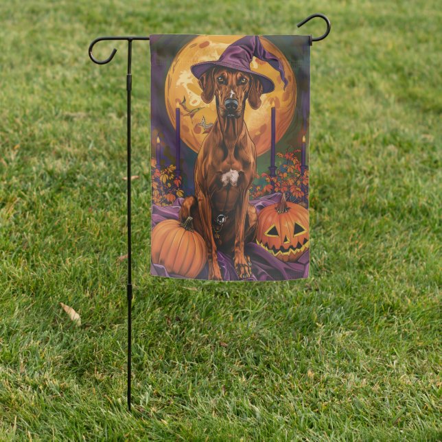 Rhodesian Ridgeback Dog Halloween Witch Pumpkin Garden Flag (In SItu)