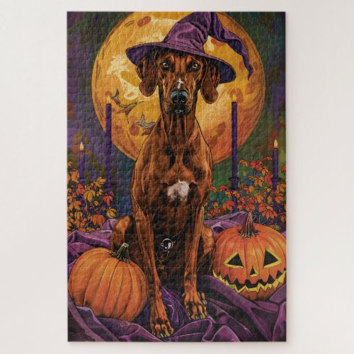 Rhodesian Ridgeback Dog Halloween Witch Pumpkin Jigsaw Puzzle