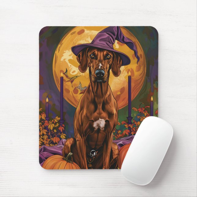 Rhodesian Ridgeback Dog Halloween Witch Pumpkin Mouse Pad (With Mouse)