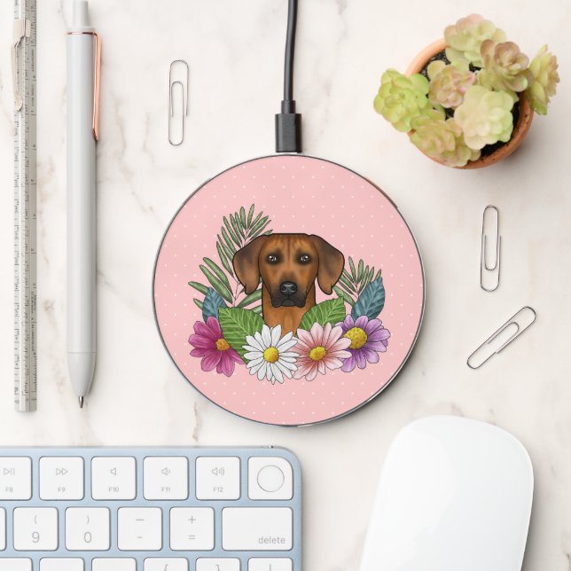 Rhodesian Ridgeback Dog Head And Summer Florals Wireless Charger (Desk)