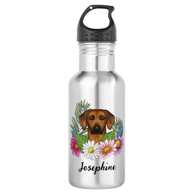 Rhodesian Ridgeback Dog Head Colorful Flowers Name Stainless Steel Water Bottle (Front)