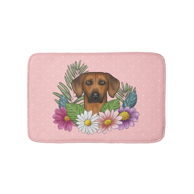 Rhodesian Ridgeback Dog Head Colorful Flowers Pink Bath Mat (Front)