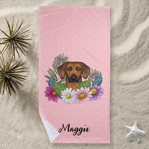 Rhodesian Ridgeback Dog Head Colorful Flowers Pink Beach Towel