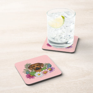 Rhodesian Ridgeback Dog Head Colorful Flowers Pink Beverage Coaster