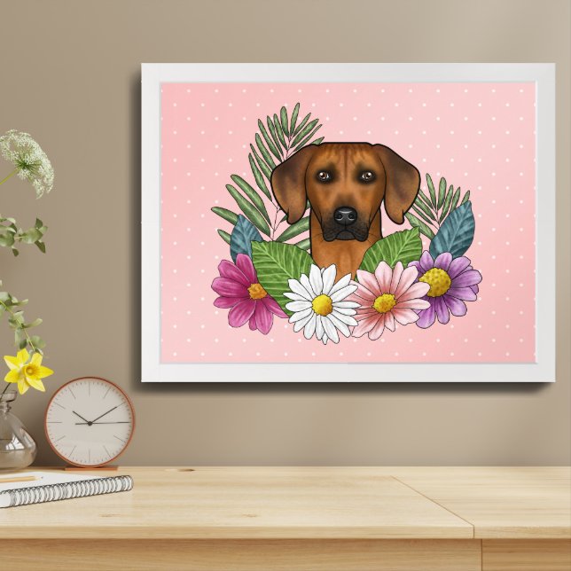 Rhodesian Ridgeback Dog Head Colorful Flowers Pink Framed Art (Table Top)