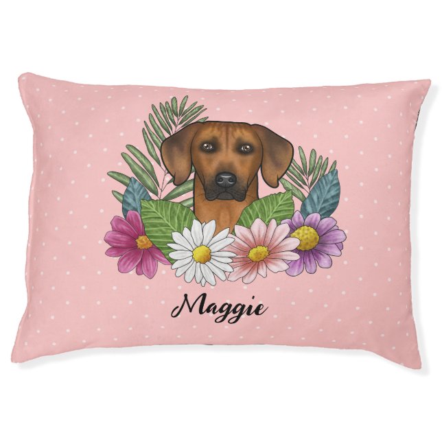 Rhodesian Ridgeback Dog Head Colorful Flowers Pink Pet Bed (Front)