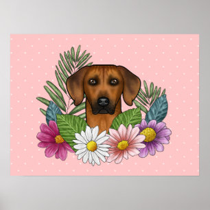 Rhodesian Ridgeback Dog Head Colorful Flowers Pink Poster