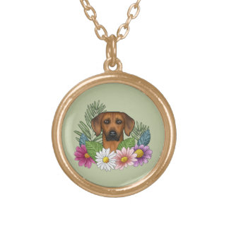 Rhodesian Ridgeback Dog Head Colorful Wildflowers Gold Plated Necklace