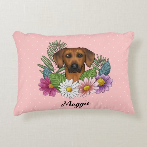Rhodesian Ridgeback Dog Head Summer Florals Pink Accent Pillow