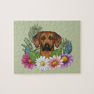 Rhodesian Ridgeback Dog Head Summer Flowers Green Jigsaw Puzzle