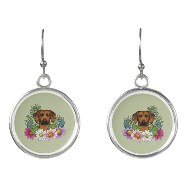 Rhodesian Ridgeback Dog Head Wildflowers On Green Earrings (Front)