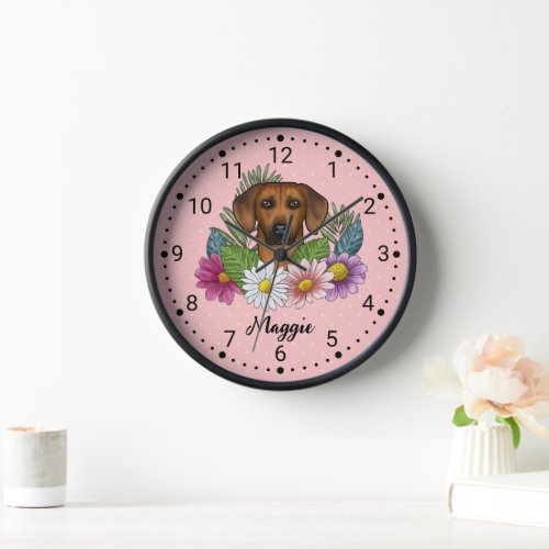 Rhodesian Ridgeback Dog Head Wildflowers On Pink Clock