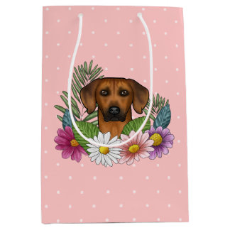 Rhodesian Ridgeback Dog Head Wildflowers On Pink Medium Gift Bag